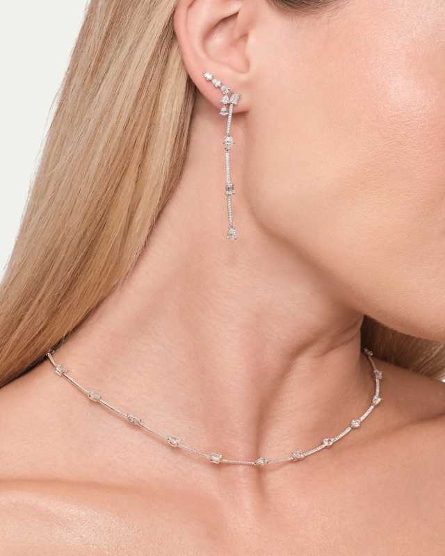 14K White Gold Fancies Curve Link Necklace with Diamonds, 16"L